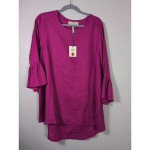 Crown Linen Designs 3/4 Bell Sleeve Hi-Lo Tunic Medium Magenta European Linen